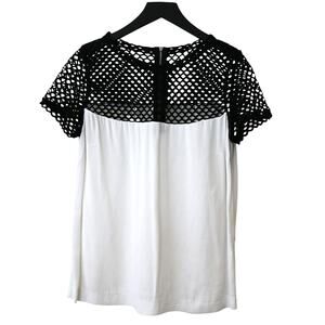 Sandro Black Stretchy Net White Short Sleeve Top Brand Size 1 Approx US 4